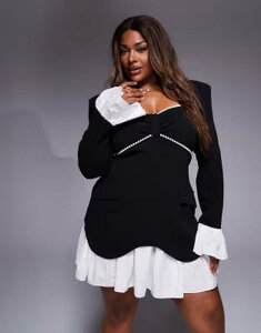 �G�C�\�X ���f�B�[�X �g�b�v�X �����s�[�X �v���[�c�X�J�[�g �v���[�c �~�j �X�J�[�g ASOS LUXE Curve structu red long sleeve mini dress with pearl trim and pleated skirt Black �u���b�N