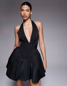 �A���A�R�[�u ���f�B�[�X �g�b�v�X �����s�[�X �~�j �T�e�� �z���^�[ Aria Cove satin plunge halterneck corset detail skater mini dress Black �u���b�N