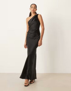 �v���e�B�����B�b�V�� ���f�B�[�X �g�b�v�X �����s�[�X �T�e�� �}�L�V Pretty Lavish Bridesmaids Juliet satin gathe red one shoulder maxi dress Black �u���b�N