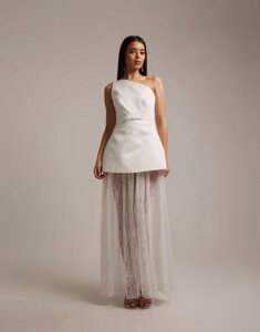 �V�b�N�X�X�g�[���[�Y ���f�B�[�X �g�b�v�X �����s�[�X �T�e�� ���[�X �}�L�V Six Stories Bridal one shoulder satin and lace mix maxi dress White �z���C�g