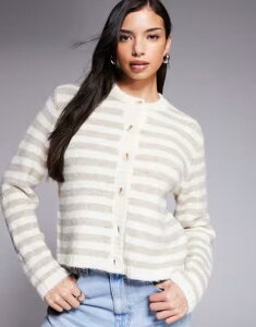 �U�E�t�����b�N ���f�B�[�X �A�E�^�[ �J�[�f�B�K�� �j�b�g The Frolic exclusive fluffy knit button up cardigan & cream stripe Cream stripe �N���[��