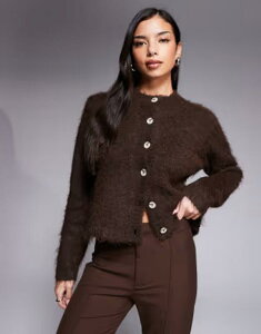 �U�E�t�����b�N ���f�B�[�X �A�E�^�[ �J�[�f�B�K�� �j�b�g The Frolic exclusive fluffy knit button up cardigan in chocolate �`���R���[�g