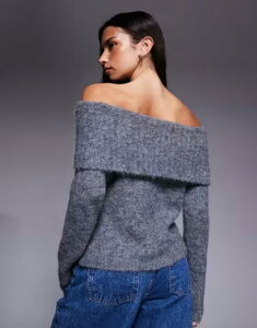 �J�C�A ���f�B�[�X �A�E�^�[ �j�b�g�E�Z�[�^�[ �E�[�� Kaiia exclusive wool feel textu red knit deep off the shoulder foldover sweater in charcoal DARK GRAY �O���[