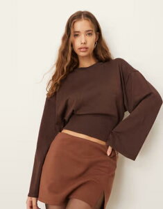 �W�[�i�g���R ���f�B�[�X �A�E�^�[ �j�b�g�E�Z�[�^�[ �g�[�� Gina Tricot metallic fine knit sweater with wide sleeves in dark brown �u���E��