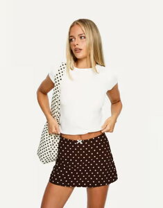 �v�����Z�X�|���[ ���f�B�[�X �{�g���X�J�[�g �h�b�g�� �h�b�g �~�j Princess Polly Tejano bow front mini skirt in chocolate polka dot Chocolate �`���R���[�g