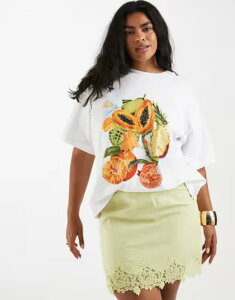 �G�C�\�X ���f�B�[�X �g�b�v�X T�V���c �O���t�B�b�N ASOS Curve ASOS DESIGN Curve dropped shoulders t-shirt with beaded fruit graphic WHITE �z���C�g