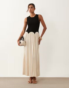 �G�C�\�X ���f�B�[�X �g�b�v�X �����s�[�X �~�f�B ASOS DESIGN color block crinkle midi dress & cream Black & Cream �N���[��