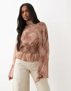 �W�[�i�g���R ���f�B�[�X �g�b�v�X �V���c �h�b�g �u���E�X Gina Tricot long sleeve scarf blouse top in light brown polka dots Light brown dot �u���E��