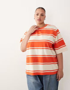 �A�����W ���f�B�[�X �g�b�v�X T�V���c ARRANGE Curve oversized premium heavyweight-shirt stripe Red stripe ���b�h