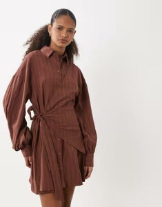�G�C�\�X ���f�B�[�X �g�b�v�X �W�����v�X�[�c �V���c�����s�[�X �~�j �V���c ASOS DESIGN long sleeve blouson tie waist mini shirt dress Brown �u���E��