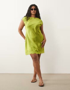 �G�C�\�X ���f�B�[�X �g�b�v�X �����s�[�X �~�j �T�e�� ���[�X ASOS Curve ASOS DESIGN Curve slash neck satin mini dress with lace hem Green �O���[��