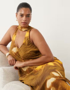 �G�C�\�X ���f�B�[�X �g�b�v�X �����s�[�X �v�����g ASOS Curve ASOS DESIGN Curve performance fabric scoop neck midaxi dress with scarf in ocher abstract print Ocher Abstract Print