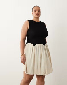 �G�C�\�X ���f�B�[�X �g�b�v�X �����s�[�X �~�j ASOS Curve ASOS DESIGN Curve color block crinkle mini dress & cream Black & Cream �N���[��