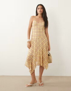 �}���S ���f�B�[�X �g�b�v�X �����s�[�X �v�����g �~�f�B Mango handkerchief hem strappy midi dress in yellow plaid print YELLOW �C�G���[