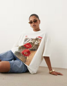�G�C�\�X ���f�B�[�X �g�b�v�X T�V���c �O���t�B�b�N ASOS Curve ASOS DESIGN Curve oversized t-shirt with Arizona desert graphic in cream �N���[��