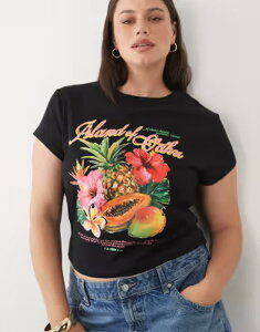 �G�C�\�X ���f�B�[�X �g�b�v�X T�V���c �O���t�B�b�N ASOS Curve ASOS DESIGN Curve baby tee with Oahu tropical fruit graphic Black �u���b�N