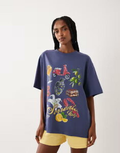 �G�C�\�X ���f�B�[�X �g�b�v�X T�V���c �O���t�B�b�N ASOS DESIGN oversized T-shirt with Sorrento essentials graphic BLUE �u���[