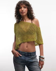 ���N���C�� ���B���e�[�W ���f�B�[�X �A�E�^�[ �j�b�g�E�Z�[�^�[ �g�[�� Reclaimed Vintage crochet knit metallic poncho in olive �I���[�u