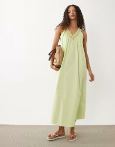 �G�C�\�X ���f�B�[�X �g�b�v�X �����s�[�X V�l�b�N �I�[�o�[���C ���[�X ASOS DESIGN v-neck poplin midaxi smock sundress with lace overlay in washed lime Washed lime ���C��