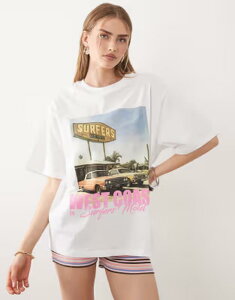 �G�C�\�X ���f�B�[�X �g�b�v�X T�V���c �O���t�B�b�N ASOS DESIGN oversized T-shirt with west coast graphic WHITE �z���C�g
