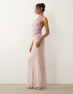 �G�C�\�X ���f�B�[�X �{�g���X�J�[�g �v�����g ���b�V�� �V�A�[ �}�L�V ASOS DESIGN printed sheer mesh maxi skirt check Pink check �s���N