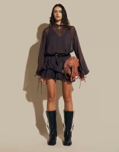 �G�C�\�X ���f�B�[�X �g�b�v�X �����s�[�X �V�t�H�� �n�C�l�b�N �~�j ASOS DESIGN high neck chiffon mini dress with blouson waist in chocolate brown �u���E��