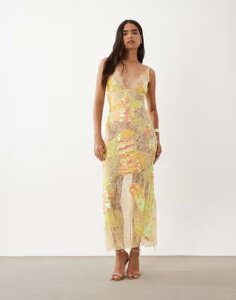 �G�C�\�X ���f�B�[�X �g�b�v�X �����s�[�X �V�A�[ ���[�X �}�L�V ASOS DESIGN sheer lace cami maxi dress with placement embellishment in yellow Platinum �C�G���[