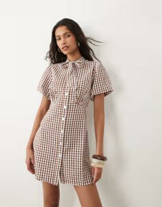 �E�F���Y�f�[�K�[�� ���f�B�[�X �g�b�v�X �����s�[�X �~�j Wednesday's Girl Wednesdays Girl tie collar detailed puff sleeve button mini dress check BROWN �u���E��