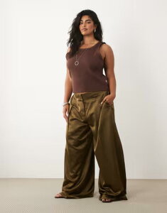 �G�C�\�X ���f�B�[�X �{�g���X �J�W���A���p���c ���C�h���b�O �T�e�� ASOS DESIGN Curve Tailo red satin wide leg pants Khaki �J�[�L