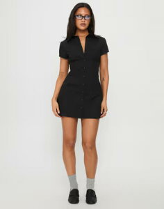 �v�����Z�X�|���[ ���f�B�[�X �g�b�v�X �����s�[�X �~�j �V���c �R�b�g�� Princess Polly Motley cotton button up cinch back detail mini shirt dress Black �u���b�N