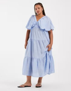 ���F�����[�_ ���f�B�[�X �g�b�v�X �����s�[�X �e�B�A�[�h �}�L�V Vero Moda Curve volume sleeve tie red maxi dress in light Clear Sky �u���[