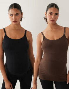 �}�}���C�V�A�X ���f�B�[�X �g�b�v�X �V���c �}�^�j�e�B Mama.licious Mamalicious Maternity 2 pack seamless cami top and chocolate Hot Fudge Black �u���b�N