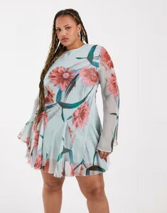 �G�C�\�X ���f�B�[�X �g�b�v�X �����s�[�X �t�����[�� �v�����g �~�j �t�����[ ASOS Curve ASOS DESIGN Curve long sleeve mini dress in floral print Floral print