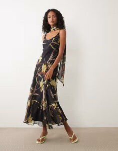 �G�C�\�X ���f�B�[�X �g�b�v�X �����s�[�X �t�����[�� �}�L�V �t�����[ ASOS DESIGN scoop neck maxi dress with godet hem and scarfloral Brown Floral �u���E��