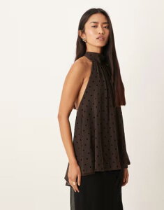 �W�[�i�g���R ���f�B�[�X �g�b�v�X T�V���c �h�b�g�� �h�b�g ���b�V�� �m�[�X���[�u Gina Tricot sleeveless mesh scarf top in polka dot BROWN �u���E��