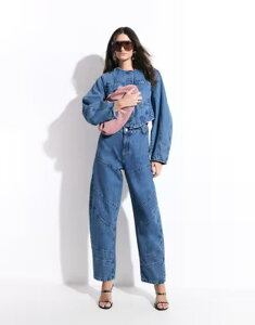 �G�C�\�X ���f�B�[�X �{�g���X �f�j���p���c �W�[���Y ASOS DESIGN 80seam detail barrel jeans in mid wash BROMO BRIGHT BLUE �u���[