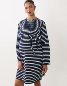 �}�}���C�V�A�X ���f�B�[�X �g�b�v�X �����s�[�X �~�j �W���[�W�[ �}�^�j�e�B Mama.licious Mamalicious Maternity long sleeve jersey mini dress and white stripe Navy Blazer WHITE �z���C�g