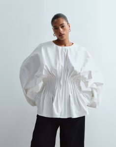 �A�����W ���f�B�[�X �g�b�v�X �V���c �E�G�X�g�}�[�N �v���[�c ARRANGE Curve volume sleeve pleated cinched waistop WHITE �z���C�g