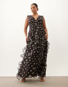 �G�C�\�X ���f�B�[�X �g�b�v�X �����s�[�X �M���U�[ �}�L�V ASOS LUXE Curve ruched maxi dress with waterfall detail in chocolate spot Brown Spot �u���E��