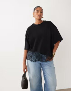 �G�C�\�X ���f�B�[�X �g�b�v�X T�V���c ���[�X ASOS Curve ASOS DESIGN Curve short sleeve t-shirt with lace hem Black �u���b�N