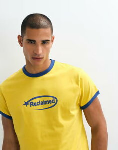 ���N���C�� ���B���e�[�W �����Y �g�b�v�X T�V���c �R���g���X�g Reclaimed Vintage contrast ringer slogan t-shirt in yellow �C�G���[