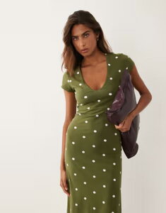 �G�C�\�X ���f�B�[�X �g�b�v�X �����s�[�X �h�b�g �~�f�B ASOS DESIGN short sleeve midi dress-green and cream polka dots KHAKI POLKA DOT �J�[�L