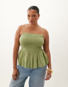 �G�C�\�X ���f�B�[�X �g�b�v�X �V���c ASOS Curve ASOS DESIGN Curve shirredetail peplum cami Khaki �J�[�L