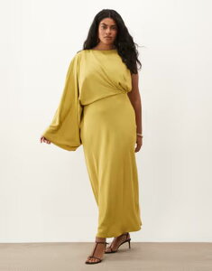�G�C�\�X ���f�B�[�X �g�b�v�X �����s�[�X �h���[�v ASOS Curve ASOS DESIGN Curve one shoulder draped back column midaxi dress in golden lime ���C��
