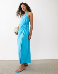 �G�C�\�X ���f�B�[�X �g�b�v�X �����s�[�X �R�b�g�� ���l�� �}�L�V �z���^�[ ASOS DESIGN cotton linen halter neck wrap maxi sundress in turquoise �^�[�R�C�Y