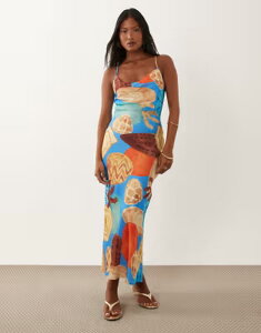 �l�o�[�t���[�h���X�h ���f�B�[�X �g�b�v�X �����s�[�X �v�` �v�����g �T�e�� �}�L�V Never Fully Dressed Petite Patti satin cami bias maxi dress in shell print Blue �u���[