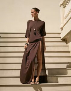 �t�H�[�X&���b�N���X ���f�B�[�X �g�b�v�X T�V���c �j�b�g 4th & Reckless fine knit dropped shoulder beach T-shirt in chocolate - part of a set Chocolate �`���R���[�g