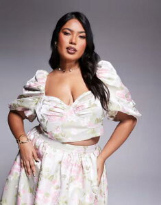 �G�C�\�X ���f�B�[�X �g�b�v�X �V���c ASOS LUXE Curve puff sleeve top in tulip jacquard - part of a setulip floral