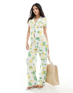 �G�C�\�X ���f�B�[�X �{�g���X �J�W���A���p���c ���C�h���b�O �v�����g ASOS DESIGN wide leg boxer waffle pants in lemon drink print - part of a set Multi �}���`�J���[