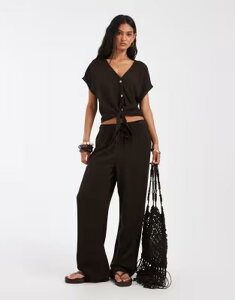 �I�����[ ���f�B�[�X �{�g���X �J�W���A���p���c ���C�h���b�O ���l�� ONLY linen mix pull-on wide leg pants in chocolate brown - part of a set Black Coffee �u���b�N